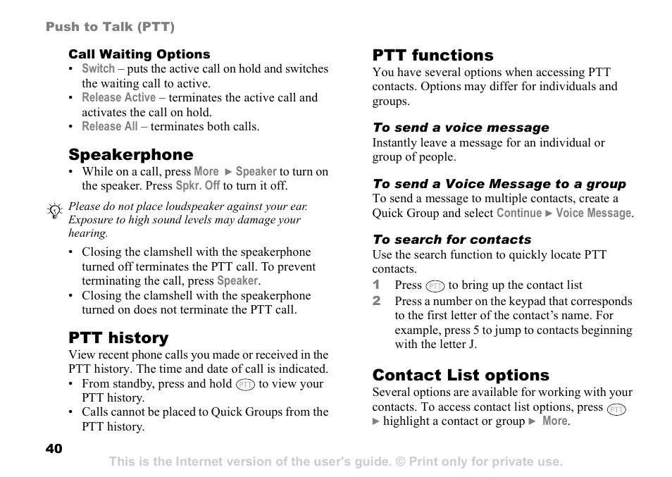 Speakerphone, Ptt history, Ptt functions | Contact list options | Sony Ericsson Z525a User Manual | Page 41 / 101