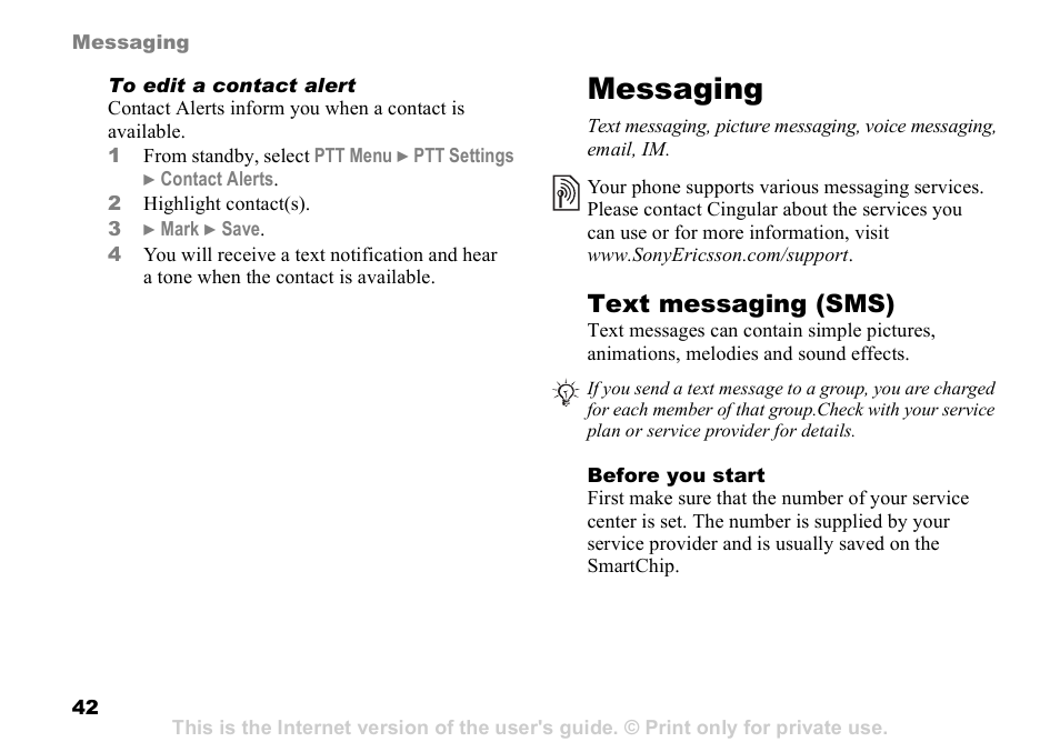 Messaging, 42 messaging, Text messaging (sms) | Sony Ericsson Z525a User Manual | Page 43 / 101