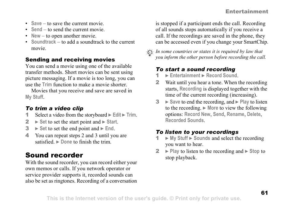 Sound recorder | Sony Ericsson Z525a User Manual | Page 62 / 101