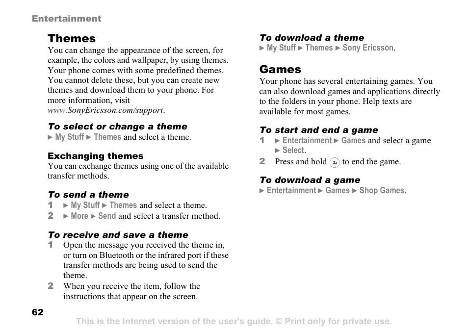 Themes, Games | Sony Ericsson Z525a User Manual | Page 63 / 101