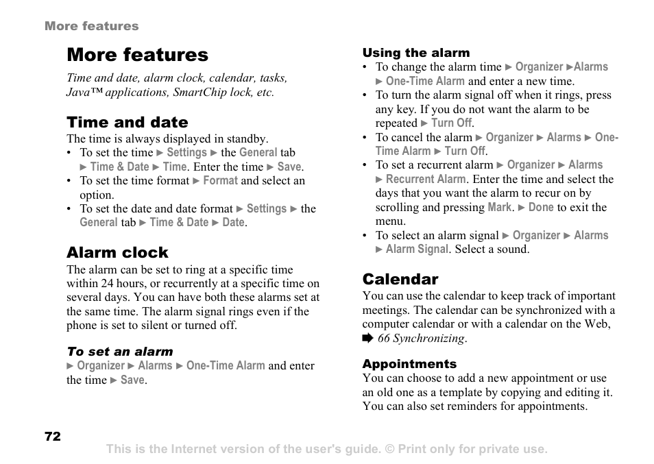 More features, Time and date, Alarm clock | Calendar | Sony Ericsson Z525a User Manual | Page 73 / 101