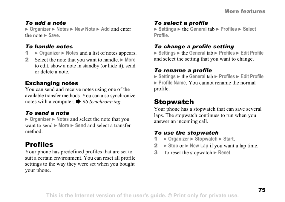 Profiles, Stopwatch | Sony Ericsson Z525a User Manual | Page 76 / 101