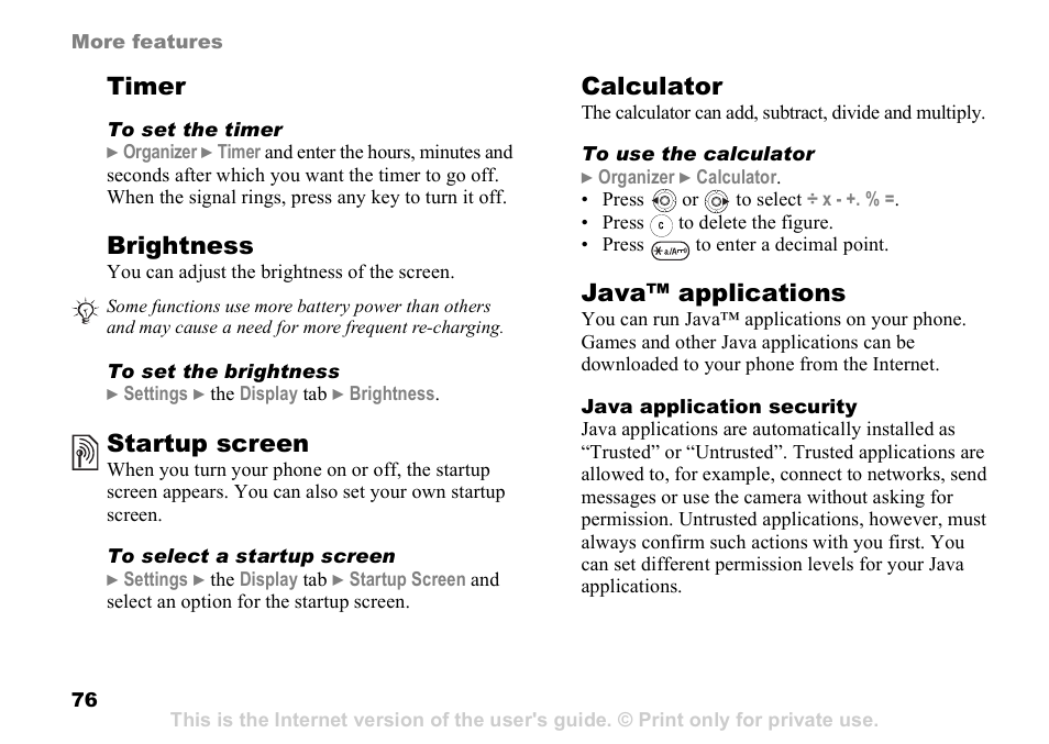 Timer, Brightness, Startup screen | Calculator, Java™ applications | Sony Ericsson Z525a User Manual | Page 77 / 101