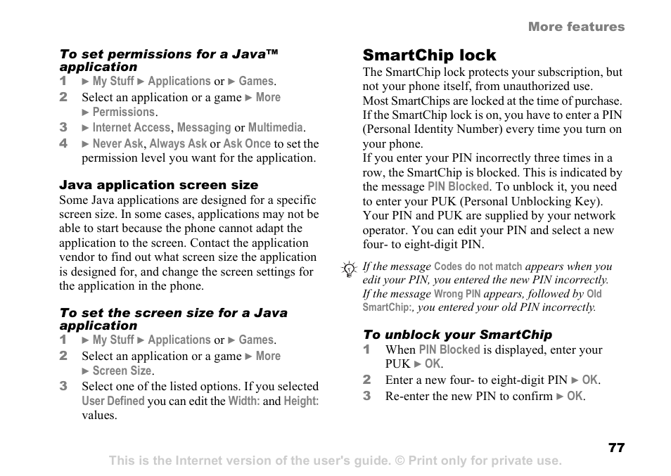 77 smartchip lock, Smartchip lock | Sony Ericsson Z525a User Manual | Page 78 / 101