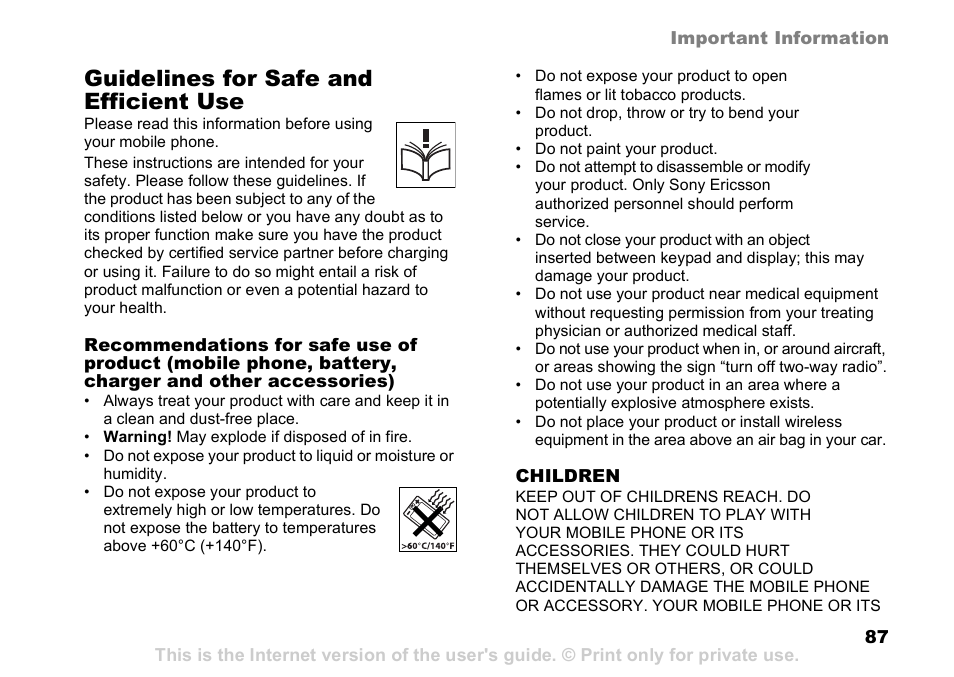 Guidelines for safe and efficient use | Sony Ericsson Z525a User Manual | Page 88 / 101