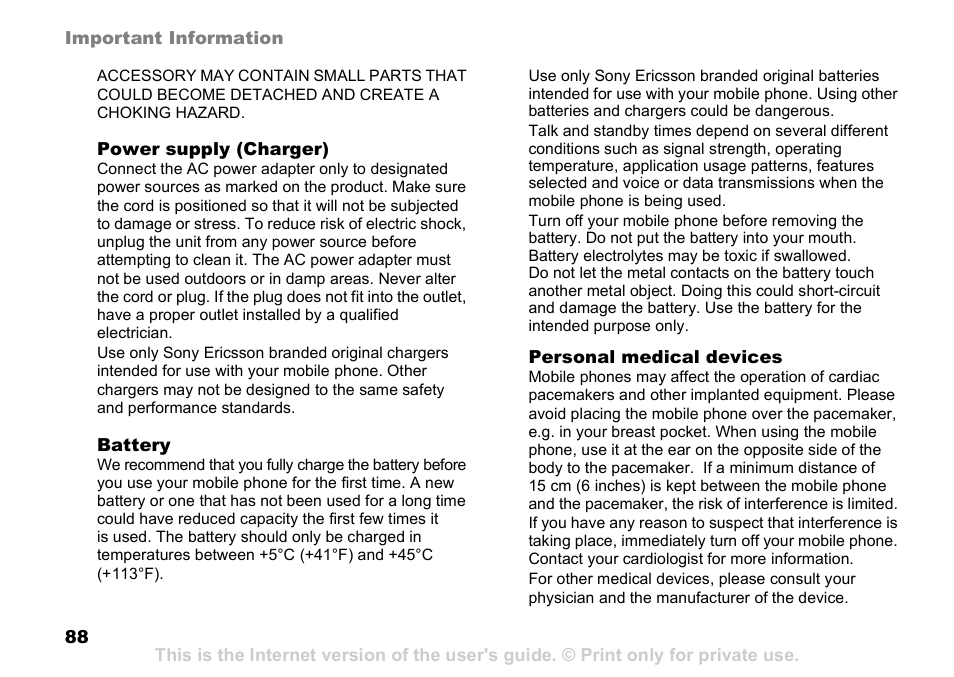 88 battery | Sony Ericsson Z525a User Manual | Page 89 / 101