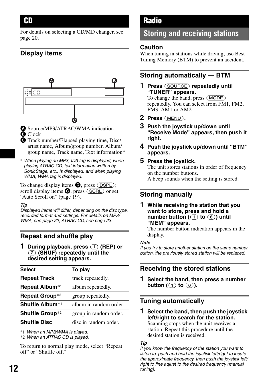 Display items, Repeat and shuffle play, Radio | Storing and receiving stations, Storing automatically - btm, Storing manually, Receiving the stored stations, Tuning automatically, Display items repeat and shuffle play, Ep 12 | Sony MEX-BT5100 User Manual | Page 12 / 96