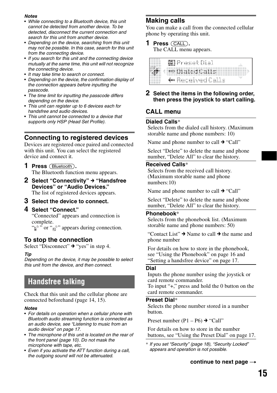 Connecting to registered devices, Handsfree talking, Making calls | Ne 15 | Sony MEX-BT5100 User Manual | Page 15 / 96