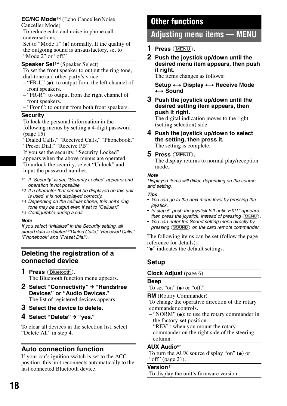 Deleting the registration of a connected device, Auto connection function, Other functions | Adjusting menu items - menu, Adjusting menu items — menu, Other functions adjusting menu items — menu | Sony MEX-BT5100 User Manual | Page 18 / 96