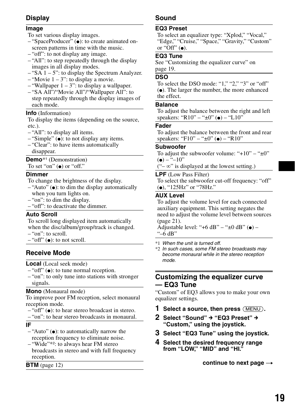 Customizing the equalizer curve - eq3 tune, Customizing the equalizer curve — eq3 tune | Sony MEX-BT5100 User Manual | Page 19 / 96