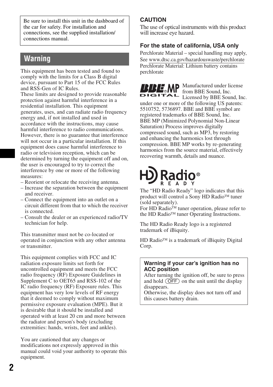 Warning | Sony MEX-BT5100 User Manual | Page 2 / 96