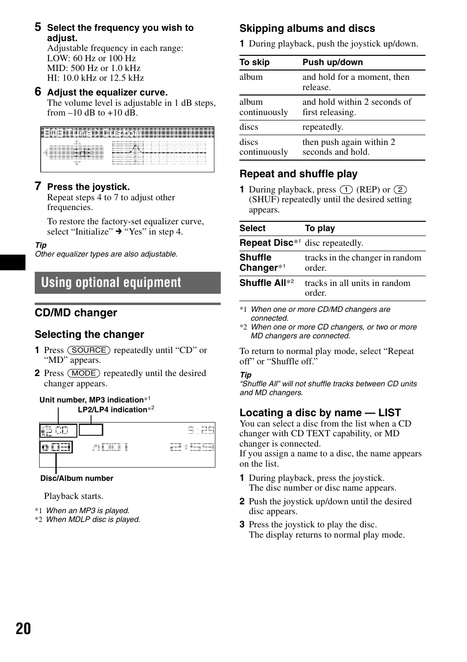 Using optional equipment, Cd/md changer | Sony MEX-BT5100 User Manual | Page 20 / 96