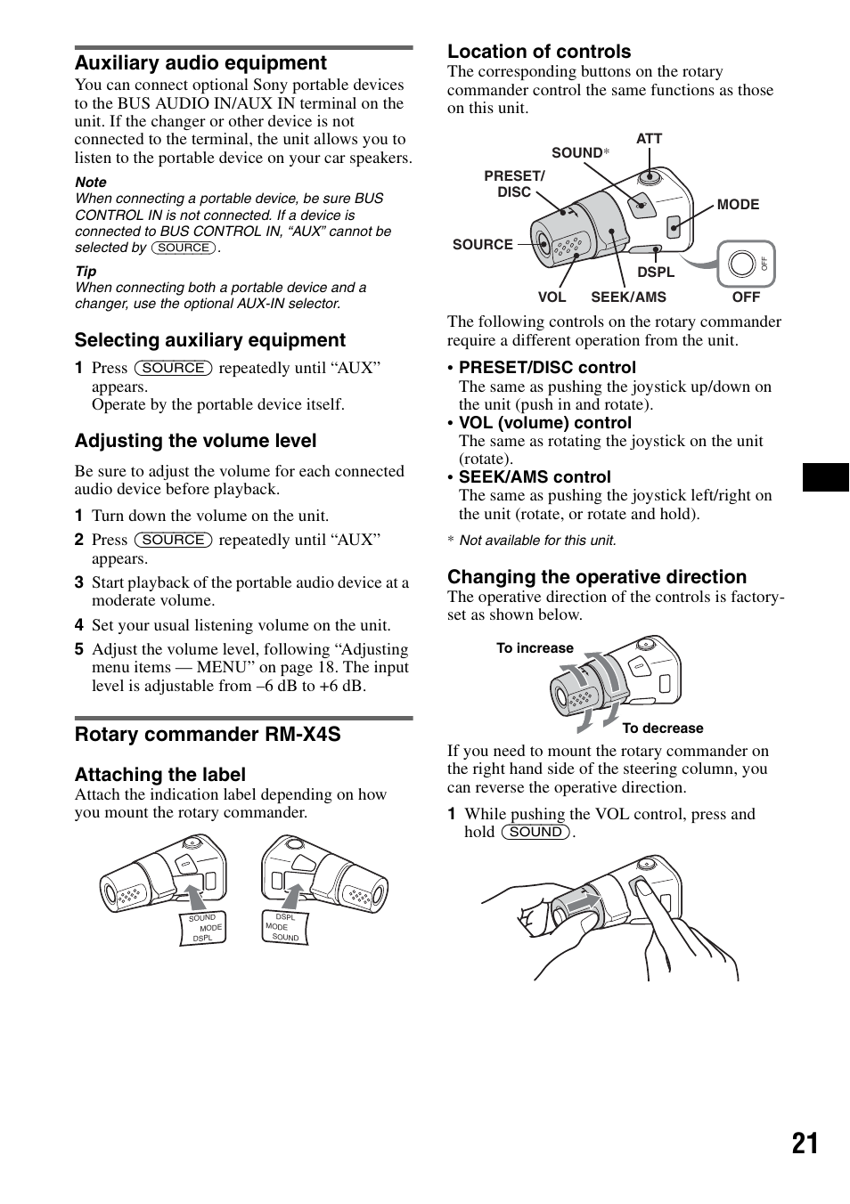 Auxiliary audio equipment, Rotary commander rm-x4s, Auxiliary audio equipment rotary commander rm-x4s | Selecting auxiliary equipment, Adjusting the volume level, Attaching the label, Location of controls, Changing the operative direction | Sony MEX-BT5100 User Manual | Page 21 / 96