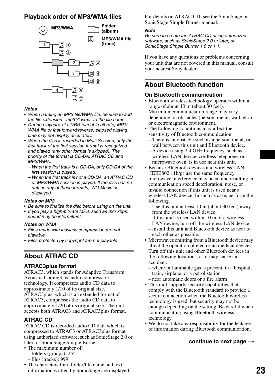 About atrac cd, About bluetooth function, About atrac cd about bluetooth function | Playback order of mp3/wma files | Sony MEX-BT5100 User Manual | Page 23 / 96