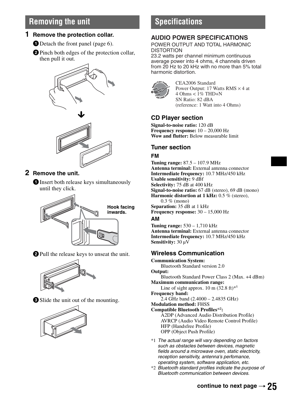 Removing the unit, Specifications, Removing the unit specifications | Sony MEX-BT5100 User Manual | Page 25 / 96