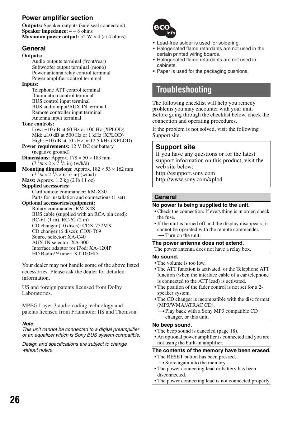 Troubleshooting, Support site, General | Sony MEX-BT5100 User Manual | Page 26 / 96