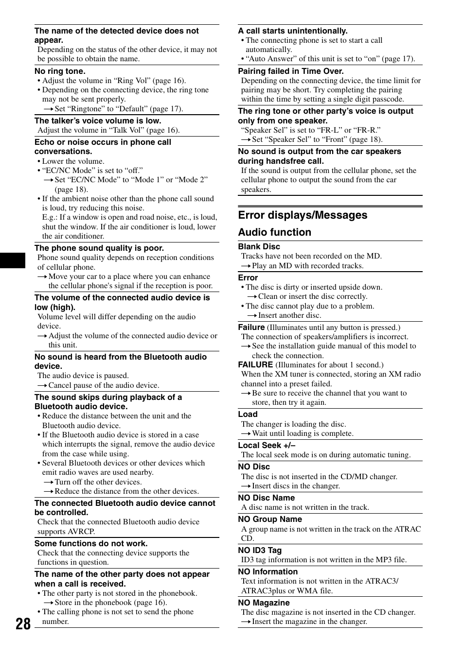 Error displays/messages, Audio function | Sony MEX-BT5100 User Manual | Page 28 / 96