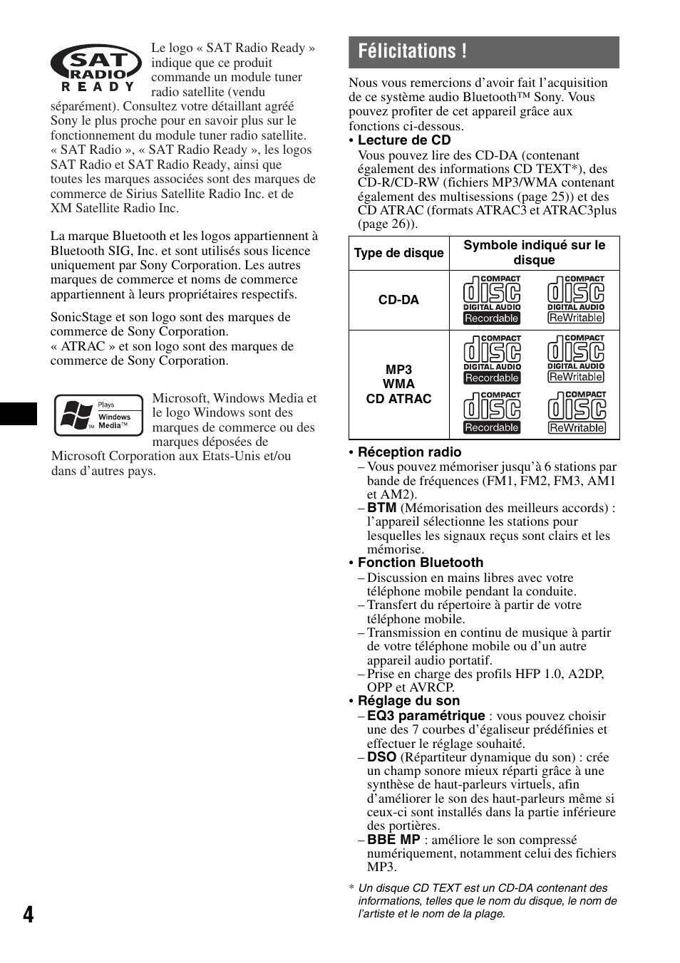 Félicitations | Sony MEX-BT5100 User Manual | Page 32 / 96