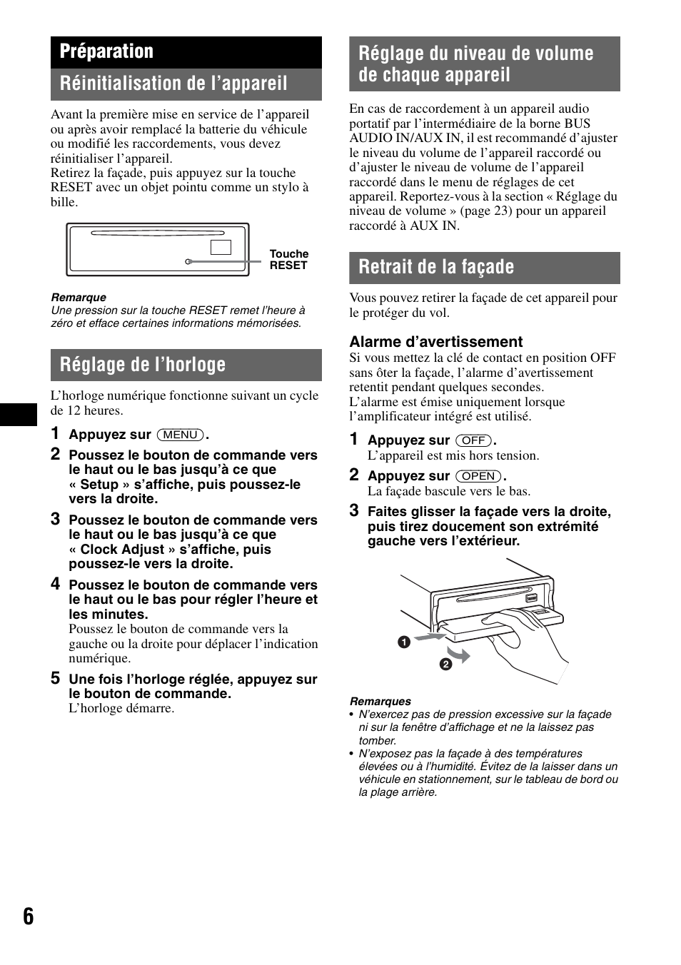 Préparation, Réinitialisation de l’appareil, Réglage de l’horloge | Réglage du niveau de volume de chaque appareil, Retrait de la façade, Préparation réinitialisation de l’appareil | Sony MEX-BT5100 User Manual | Page 34 / 96