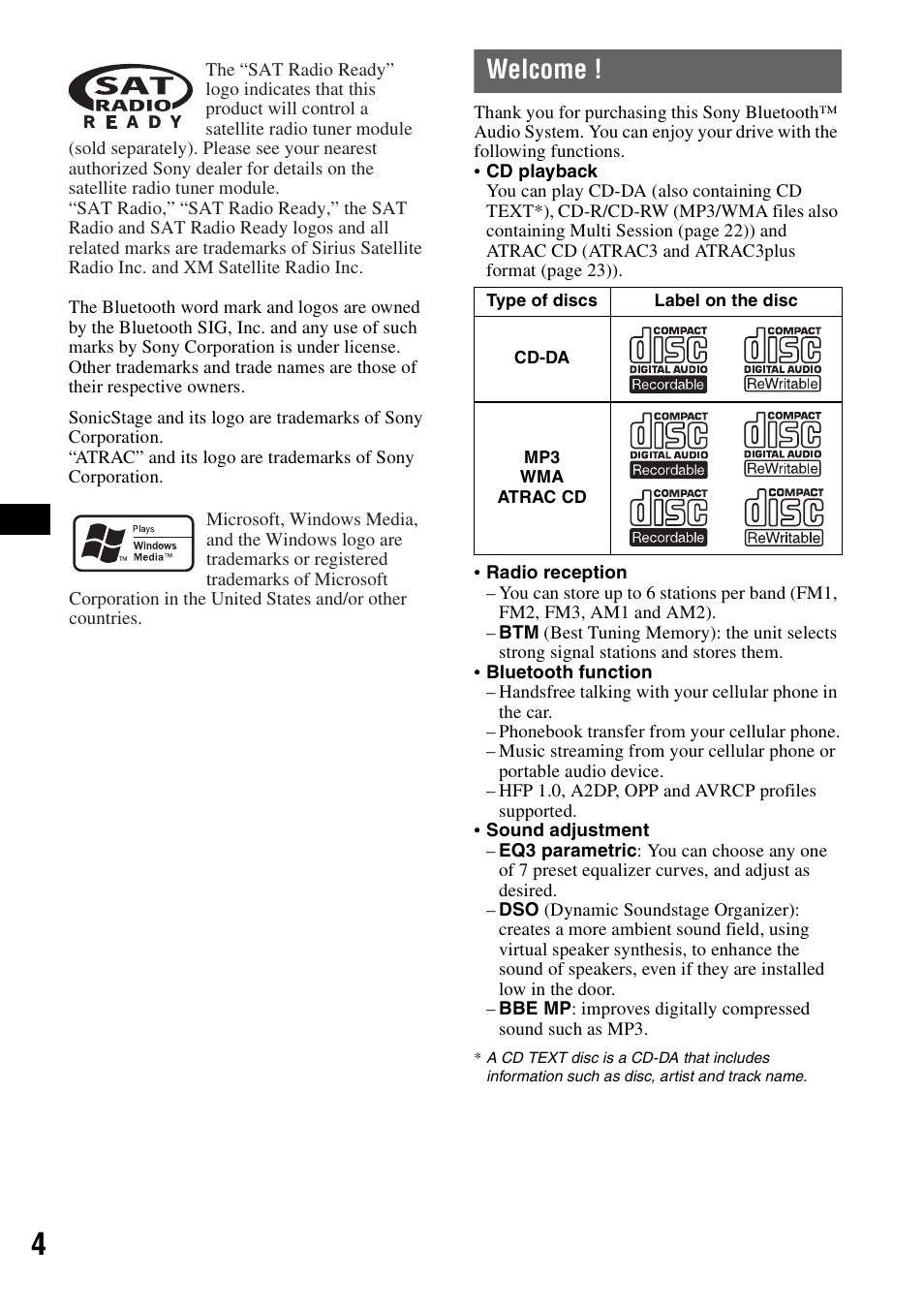 Welcome | Sony MEX-BT5100 User Manual | Page 4 / 96