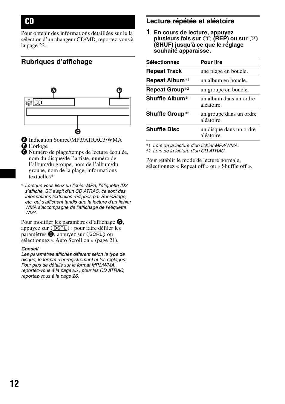 Rubriques d’affichage, Lecture répétée et aléatoire, Rubriques d’affichage lecture répétée et aléatoire | Sony MEX-BT5100 User Manual | Page 40 / 96