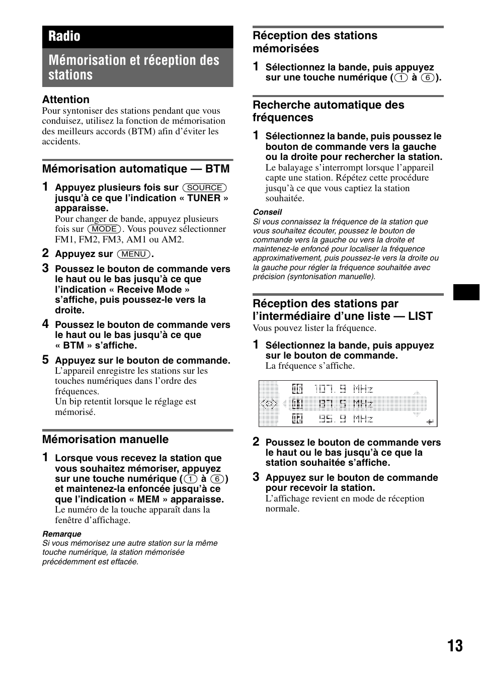 Radio, Mémorisation et réception des stations, Mémorisation automatique - btm | Mémorisation manuelle, Réception des stations mémorisées, Recherche automatique des fréquences, Radio mémorisation et réception des stations | Sony MEX-BT5100 User Manual | Page 41 / 96