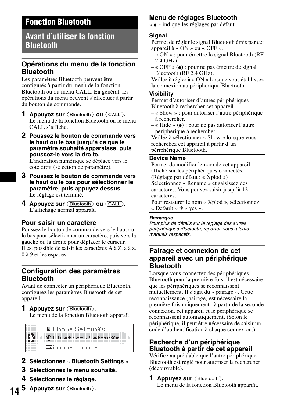 Fonction bluetooth, Avant d’utiliser la fonction bluetooth, Opérations du menu de la fonction bluetooth | Configuration des paramètres bluetooth, H 14 | Sony MEX-BT5100 User Manual | Page 42 / 96