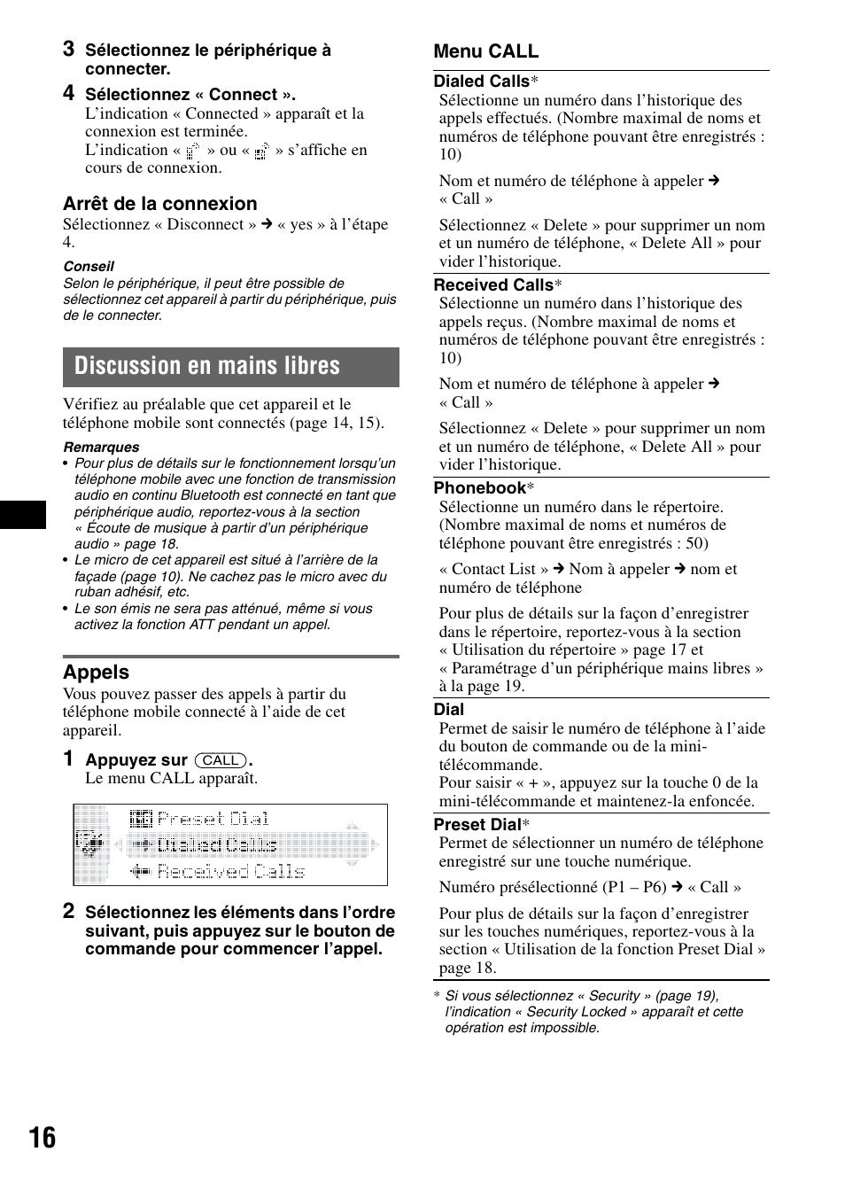 Discussion en mains libres, Appels, Ne 16 | Sony MEX-BT5100 User Manual | Page 44 / 96