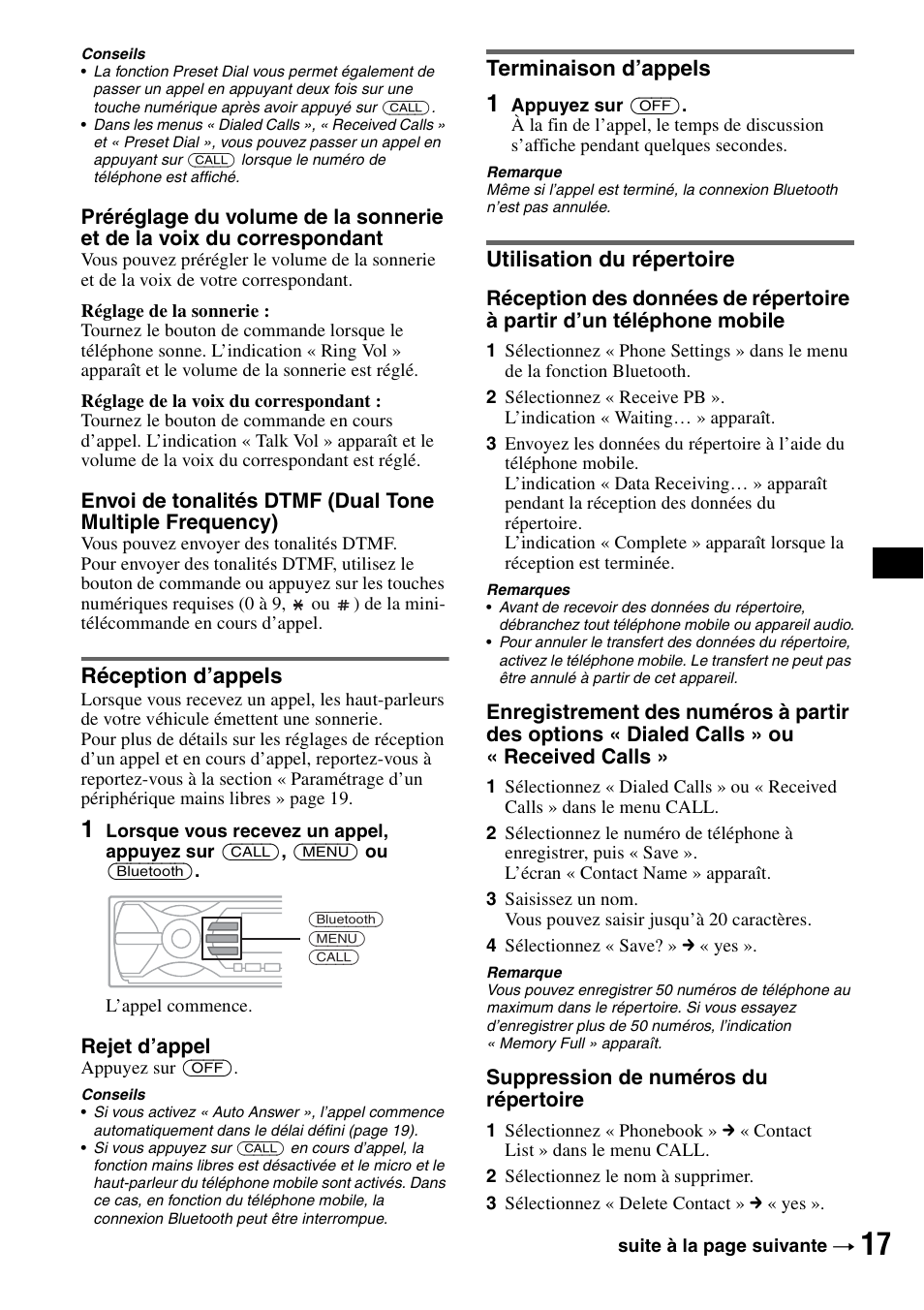 Réception d’appels, Terminaison d’appels, Utilisation du répertoire | Sony MEX-BT5100 User Manual | Page 45 / 96