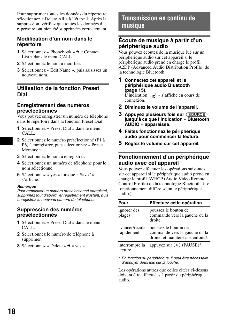 Utilisation de la fonction preset dial, Transmission en continu de musique, Écoute de musique à partir d’un périphérique audio | Sony MEX-BT5100 User Manual | Page 46 / 96