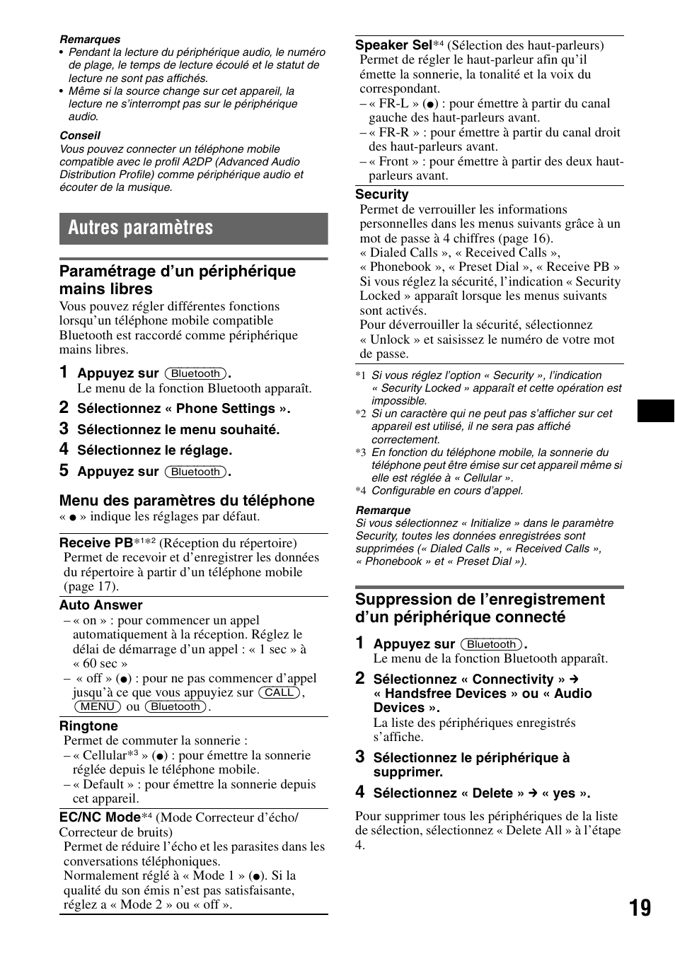 Autres paramètres, Paramétrage d’un périphérique mains libres | Sony MEX-BT5100 User Manual | Page 47 / 96