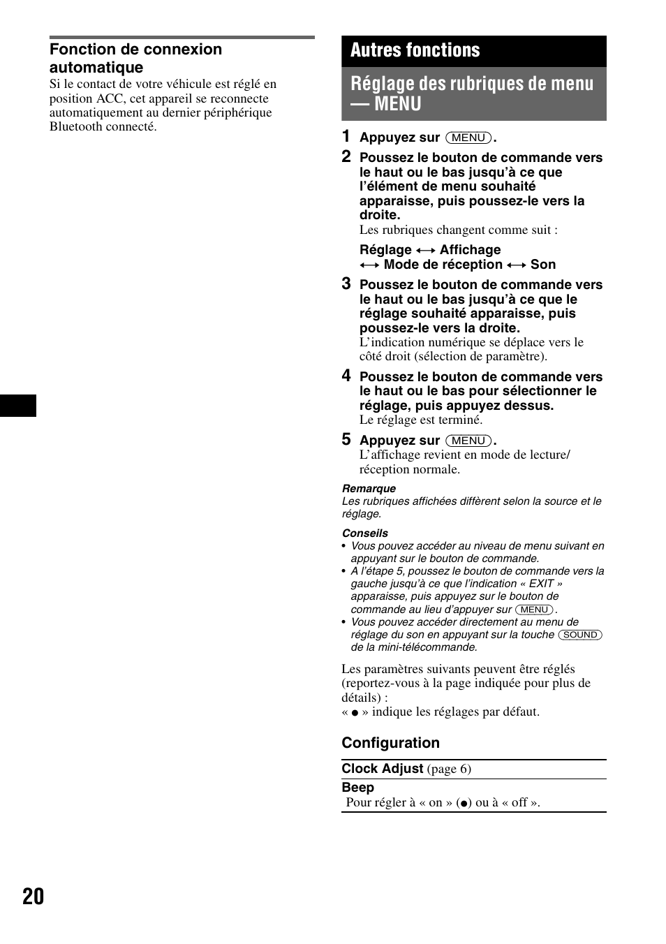 Fonction de connexion automatique, Autres fonctions, Réglage des rubriques de menu - menu | Réglage des rubriques de menu — menu | Sony MEX-BT5100 User Manual | Page 48 / 96