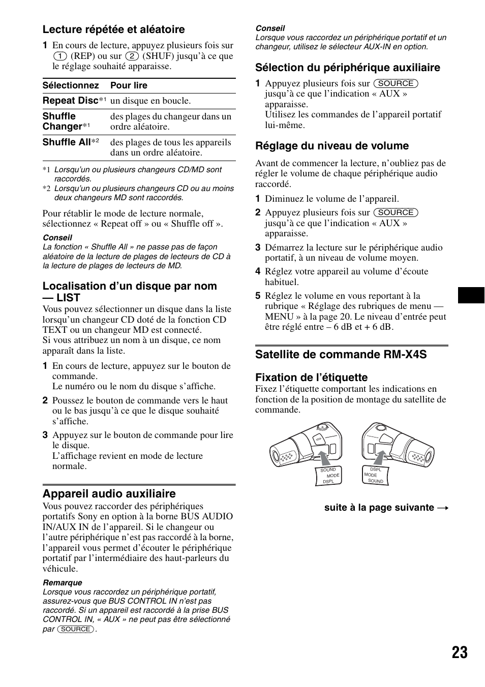 Appareil audio auxiliaire, Satellite de commande rm-x4s, Lecture répétée et aléatoire | Localisation d’un disque par nom — list, Sélection du périphérique auxiliaire, Réglage du niveau de volume, Fixation de l’étiquette | Sony MEX-BT5100 User Manual | Page 51 / 96