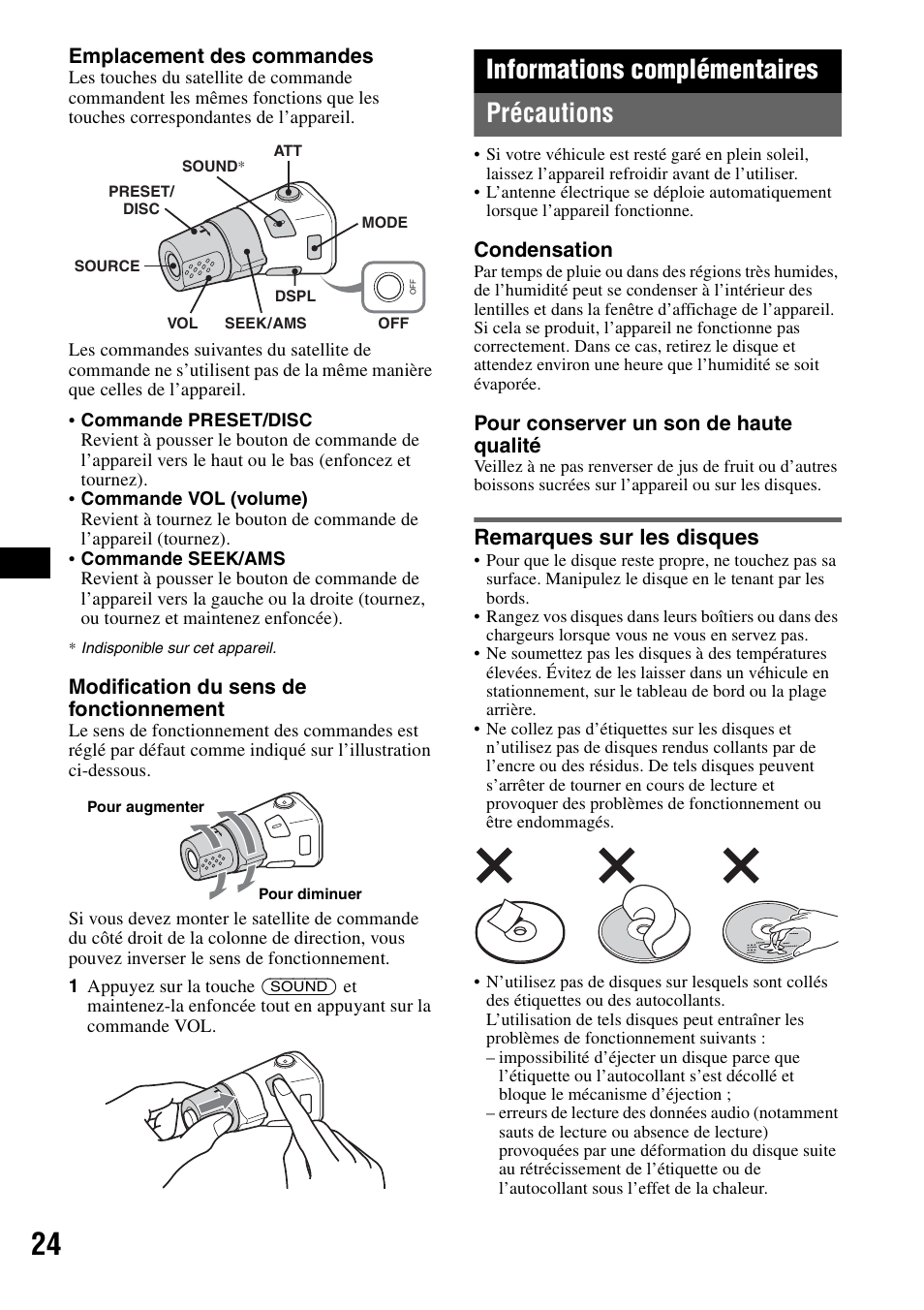 Informations complémentaires, Précautions, Remarques sur les disques | Informations complémentaires précautions | Sony MEX-BT5100 User Manual | Page 52 / 96