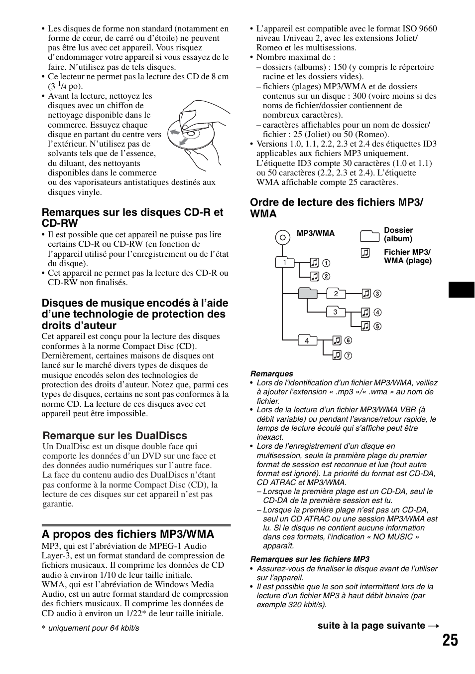 A propos des fichiers mp3/wma, Remarques sur les disques cd-r et cd-rw, Ordre de lecture des fichiers mp3/ wma | Remarque sur les dualdiscs | Sony MEX-BT5100 User Manual | Page 53 / 96