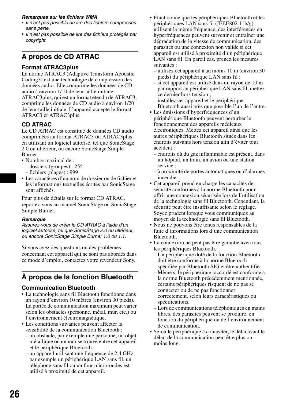 A propos de cd atrac, À propos de la fonction bluetooth | Sony MEX-BT5100 User Manual | Page 54 / 96