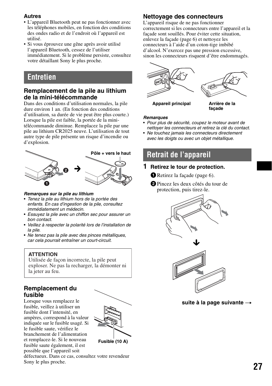 Entretien, Retrait de l’appareil, Entretien retrait de l’appareil | Sony MEX-BT5100 User Manual | Page 55 / 96