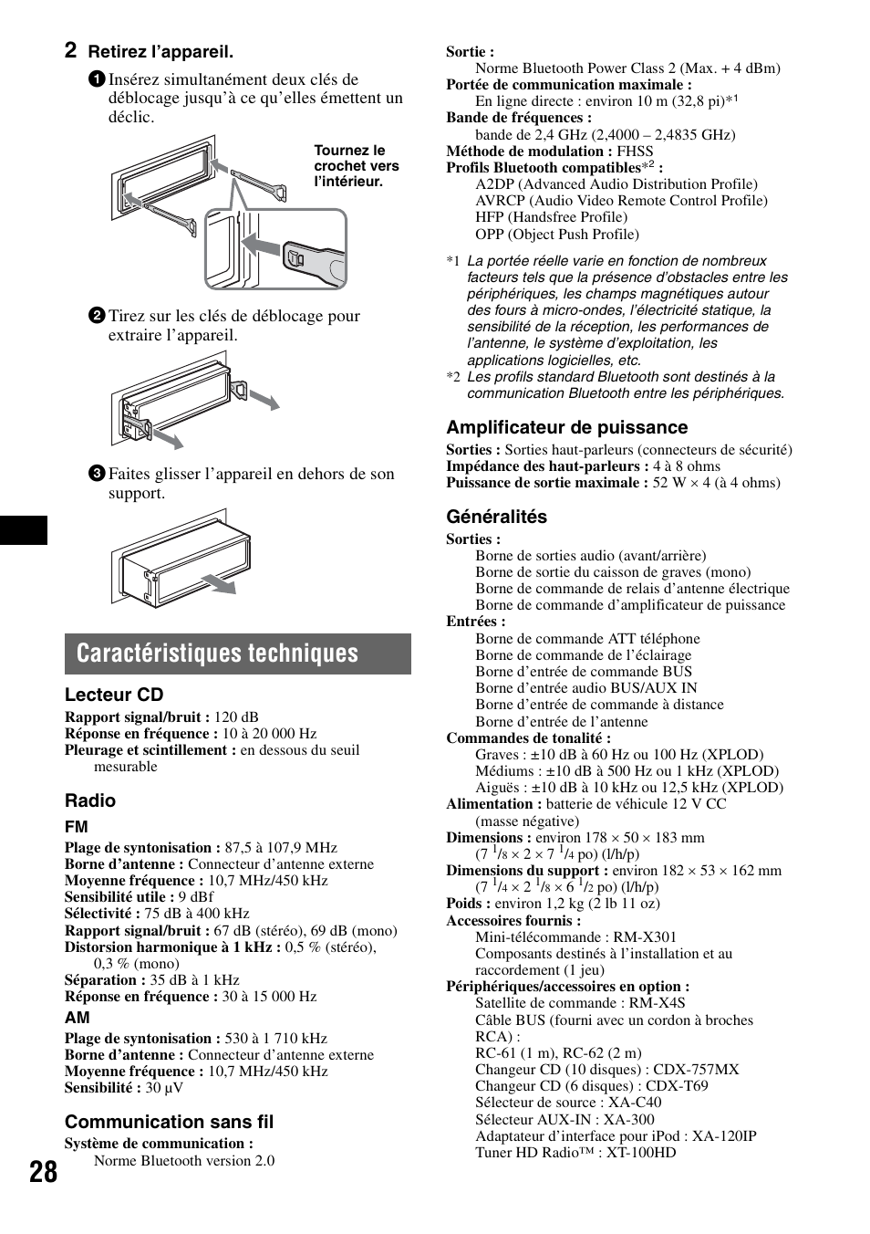 Caractéristiques techniques, Lecteur cd, Radio | Communication sans fil, Amplificateur de puissance, Généralités | Sony MEX-BT5100 User Manual | Page 56 / 96