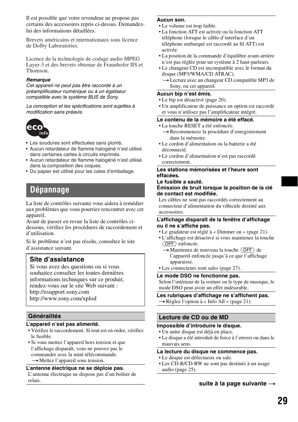 Dépannage, Site d’assistance | Sony MEX-BT5100 User Manual | Page 57 / 96