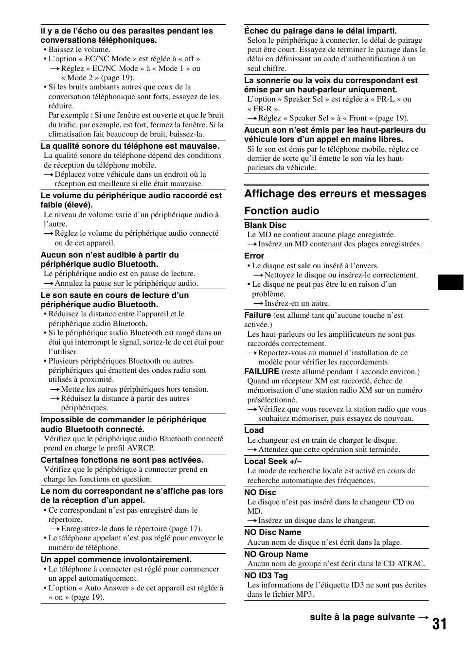 Affichage des erreurs et messages, Fonction audio | Sony MEX-BT5100 User Manual | Page 59 / 96