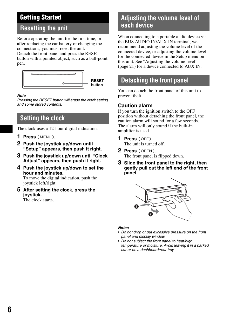 Getting started, Resetting the unit, Setting the clock | Adjusting the volume level of each device, Detaching the front panel, Getting started resetting the unit | Sony MEX-BT5100 User Manual | Page 6 / 96