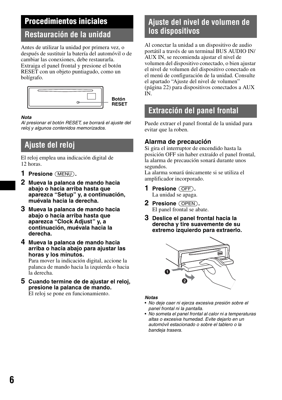 Procedimientos iniciales, Restauración de la unidad, Ajuste del reloj | Ajuste del nivel de volumen de los dispositivos, Extracción del panel frontal, Procedimientos iniciales restauración de la unidad | Sony MEX-BT5100 User Manual | Page 66 / 96