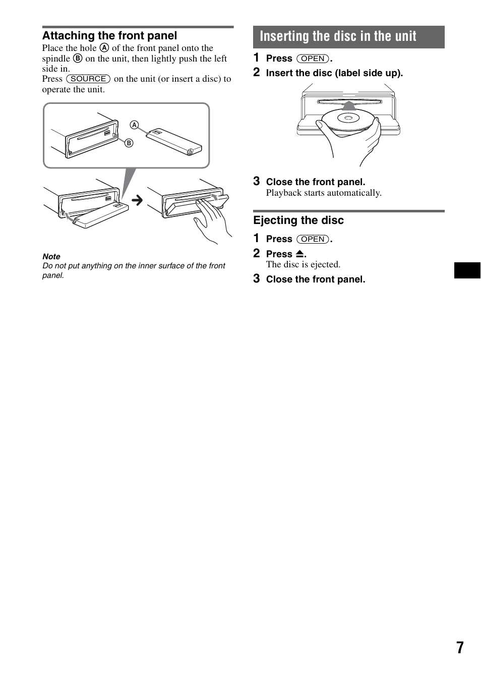 Attaching the front panel, Inserting the disc in the unit, Ejecting the disc | Sony MEX-BT5100 User Manual | Page 7 / 96