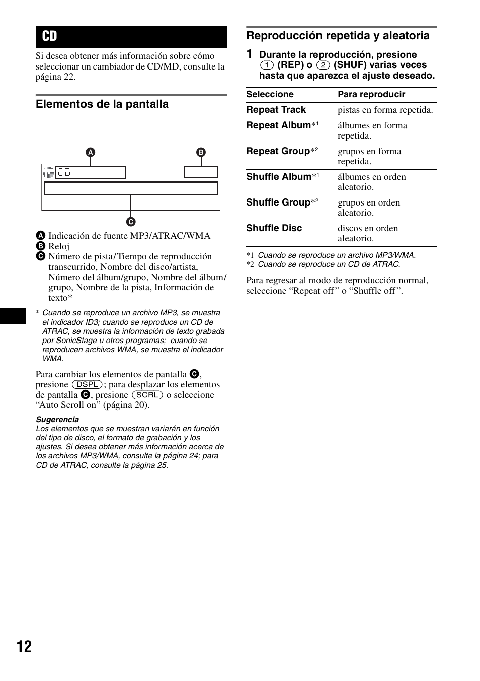 Elementos de la pantalla, Reproducción repetida y aleatoria, Ep 12 | Sony MEX-BT5100 User Manual | Page 72 / 96