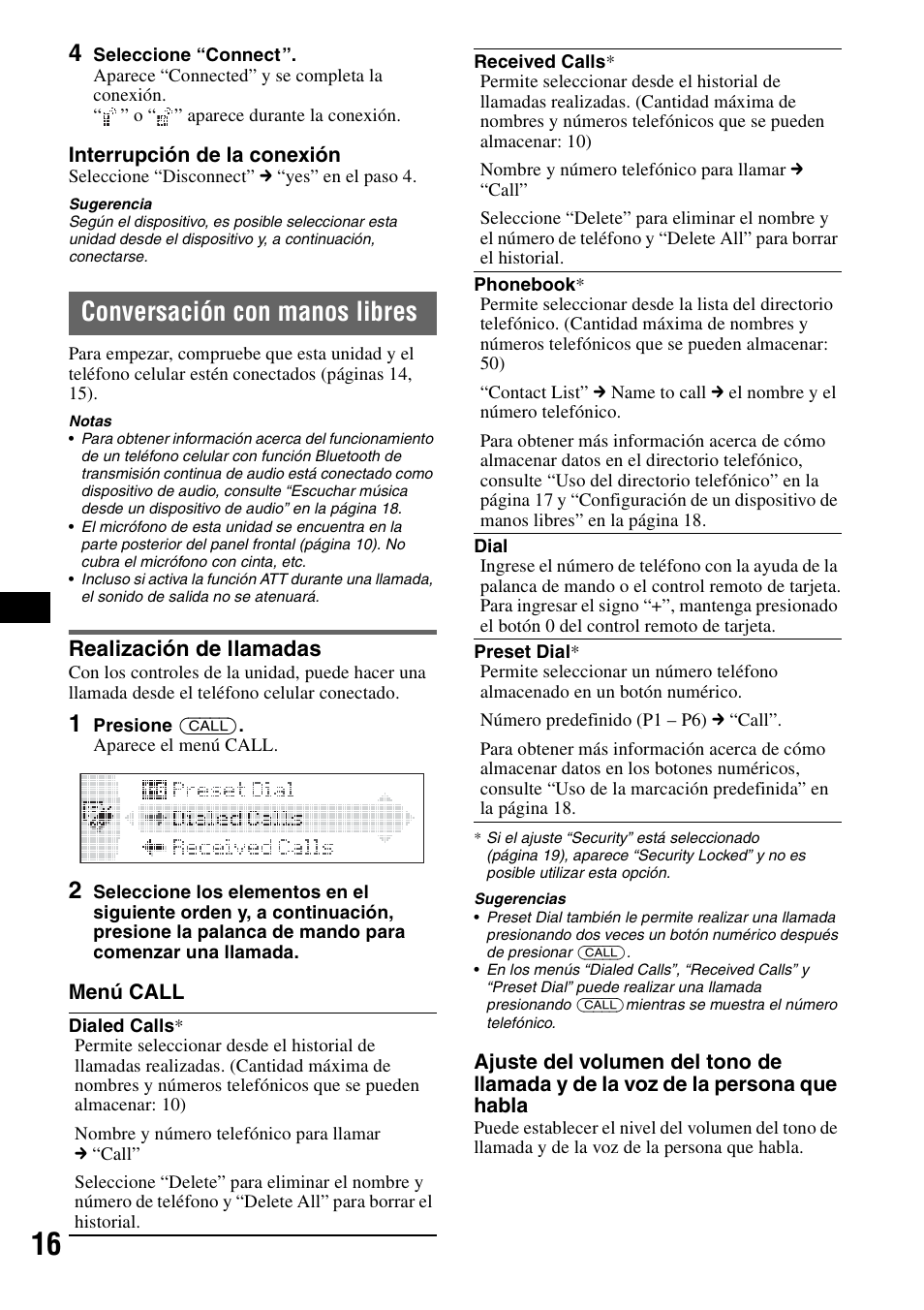 Conversación con manos libres, Realización de llamadas, No 16 | Sony MEX-BT5100 User Manual | Page 76 / 96