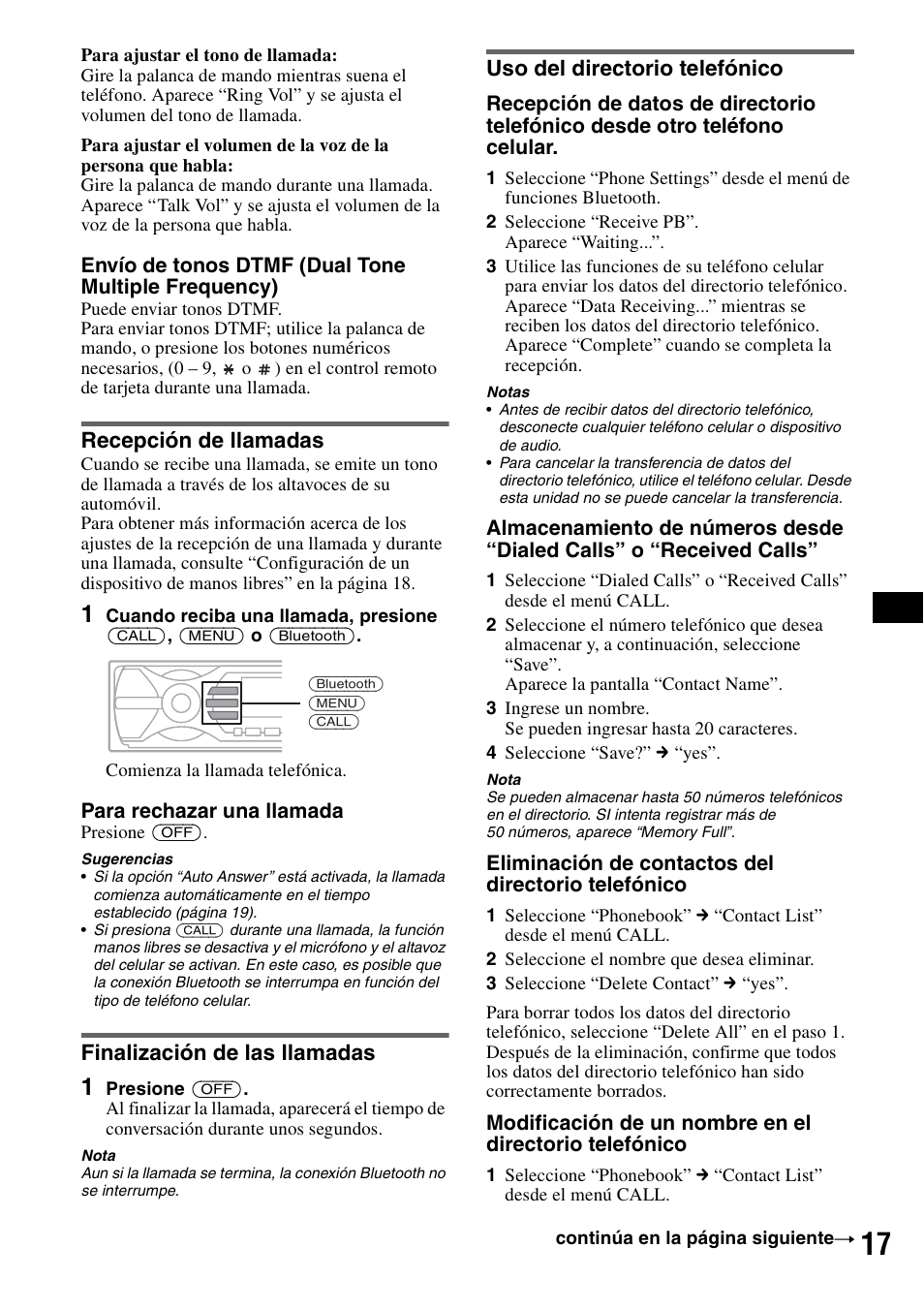 Recepción de llamadas, Finalización de las llamadas, Uso del directorio telefónico | Sony MEX-BT5100 User Manual | Page 77 / 96