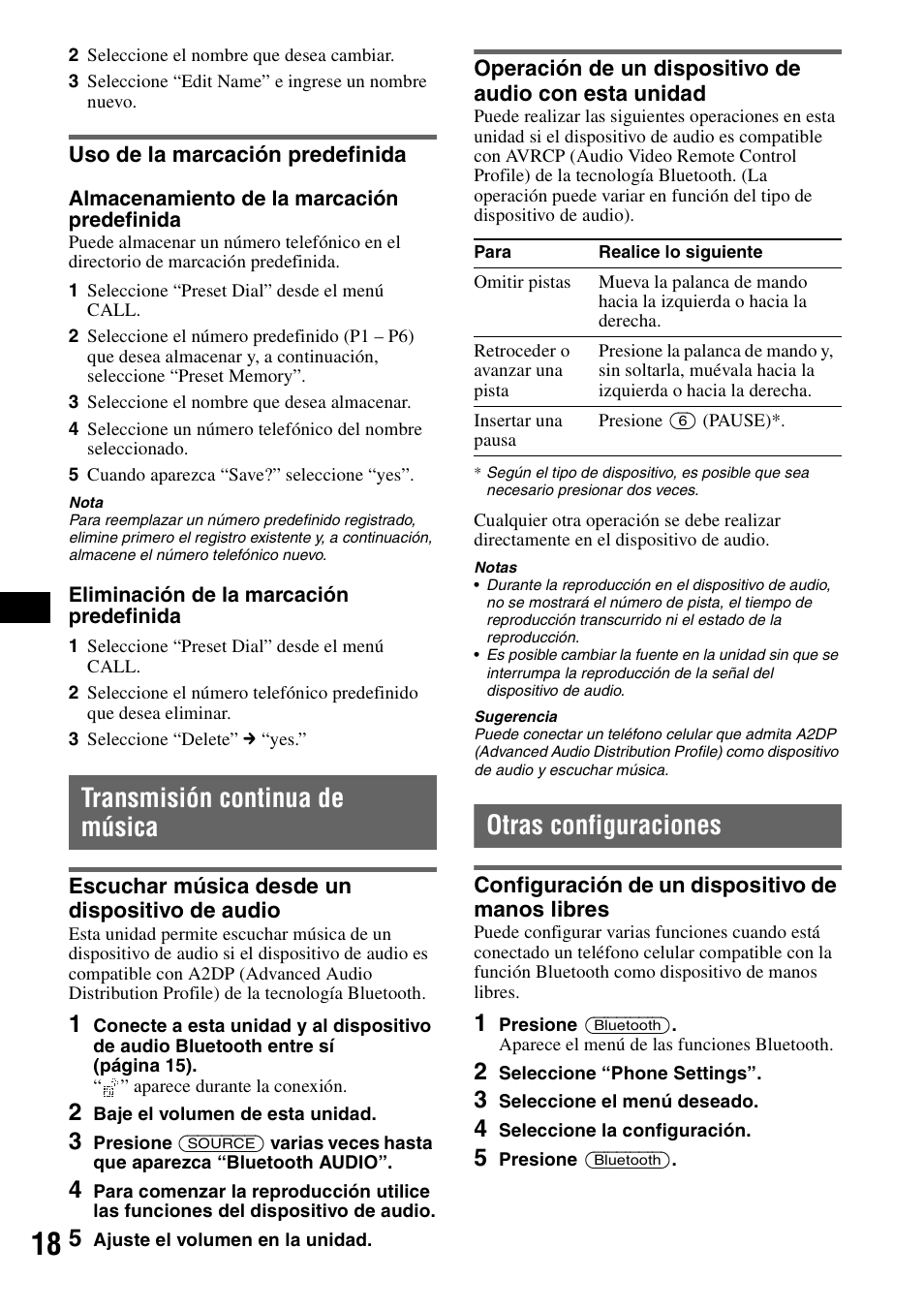 Uso de la marcación predefinida, Transmisión continua de música, Escuchar música desde un dispositivo de audio | Otras configuraciones, Configuración de un dispositivo de manos libres | Sony MEX-BT5100 User Manual | Page 78 / 96