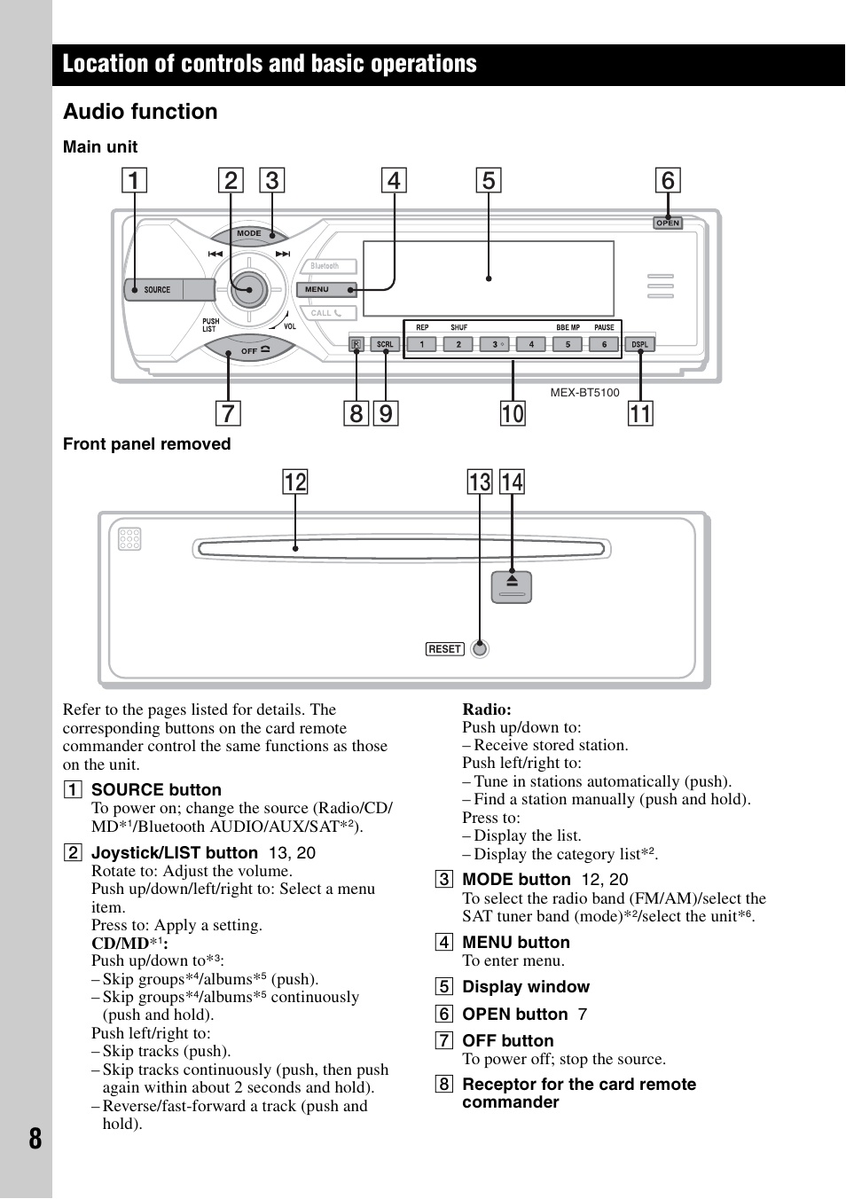 Location of controls and basic operations, Audio function, Qf qd qs | Sony MEX-BT5100 User Manual | Page 8 / 96