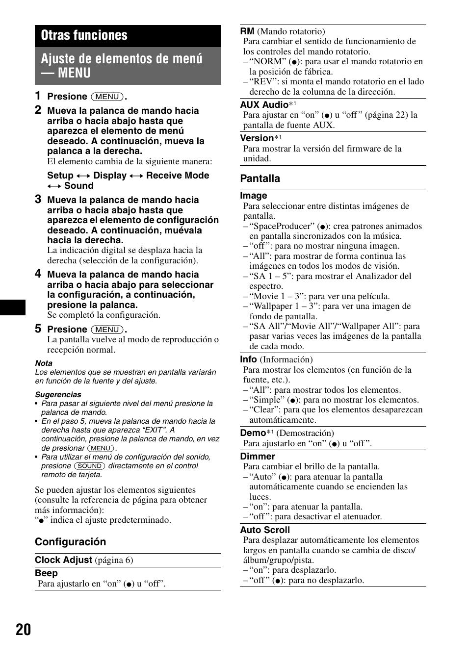 Otras funciones, Ajuste de elementos de menú - menu, Ajuste de elementos de menú — menu | Otras funciones ajuste de elementos de menú — menu | Sony MEX-BT5100 User Manual | Page 80 / 96