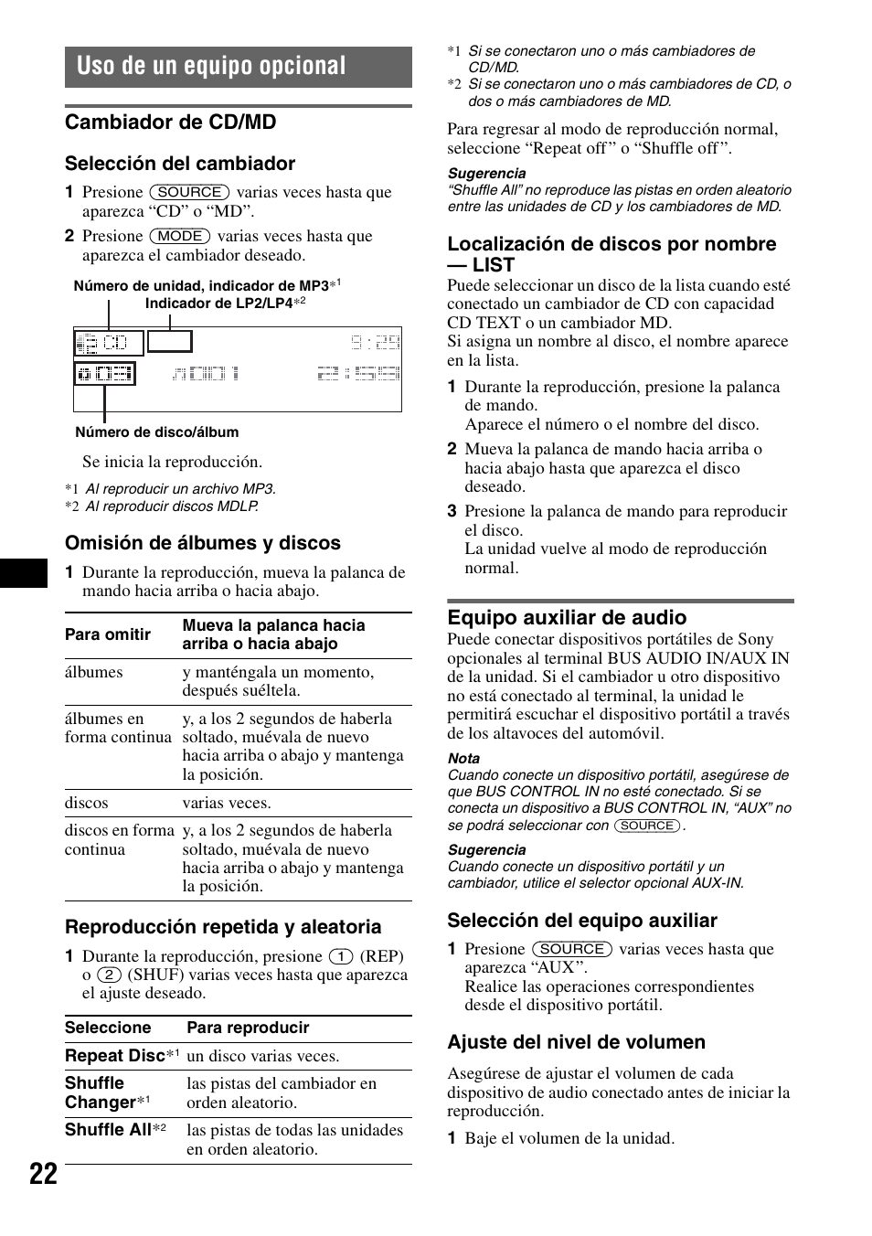 Uso de un equipo opcional, Cambiador de cd/md, Equipo auxiliar de audio | Cambiador de cd/md equipo auxiliar de audio | Sony MEX-BT5100 User Manual | Page 82 / 96